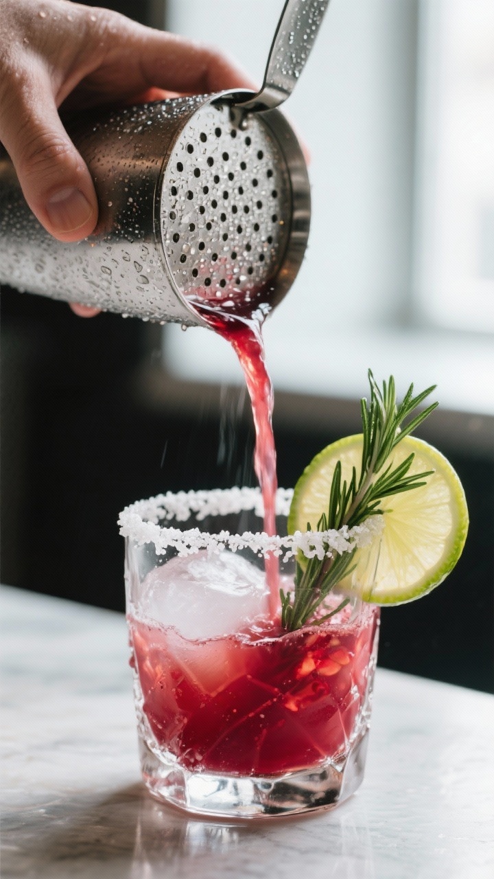 Close-up detail shot of a finished Pomegranate Rosemary Margarita being poured from a frosty cocktai