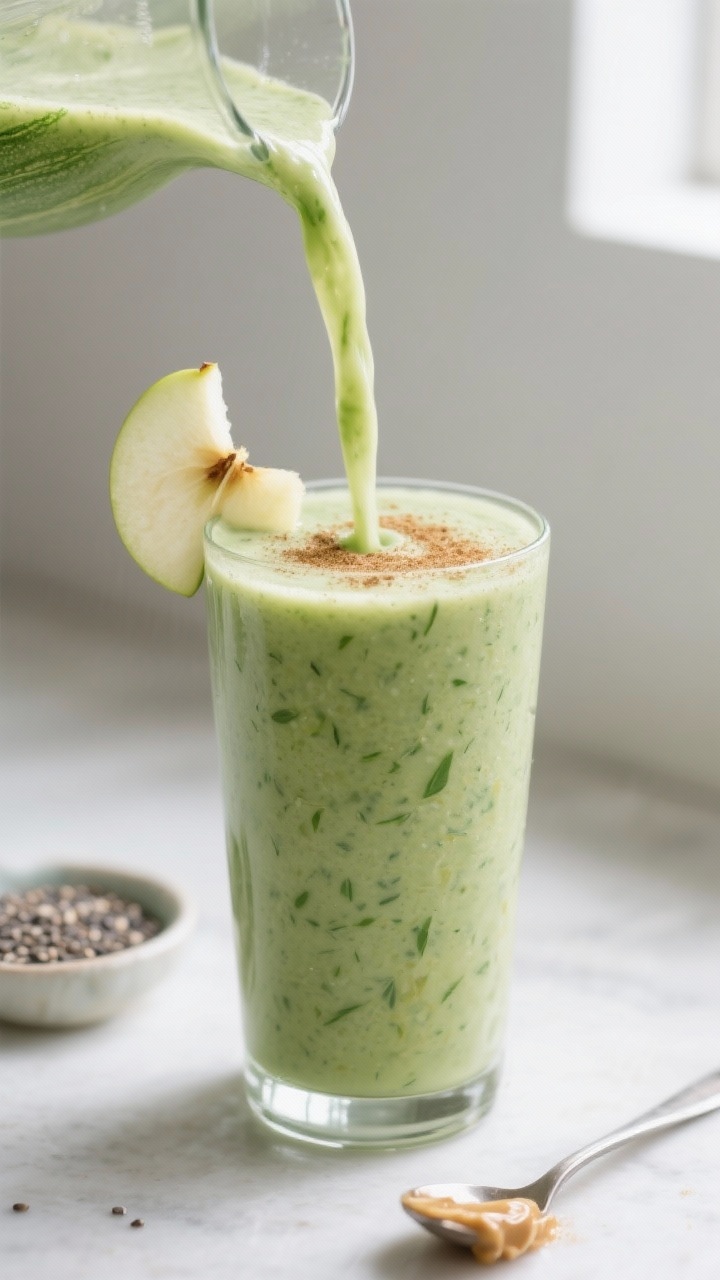 Close-up detail shot of a freshly blended Zucchini Apple Green Smoothie being poured into a tall, ch