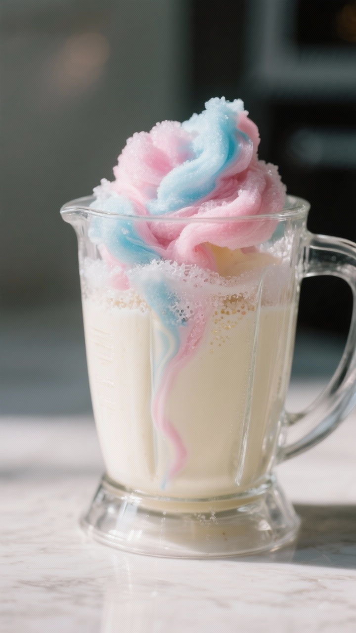 Close-up detail shot of a frozen cotton candy milkshake mid-blend in a clear blender jar, showing pa