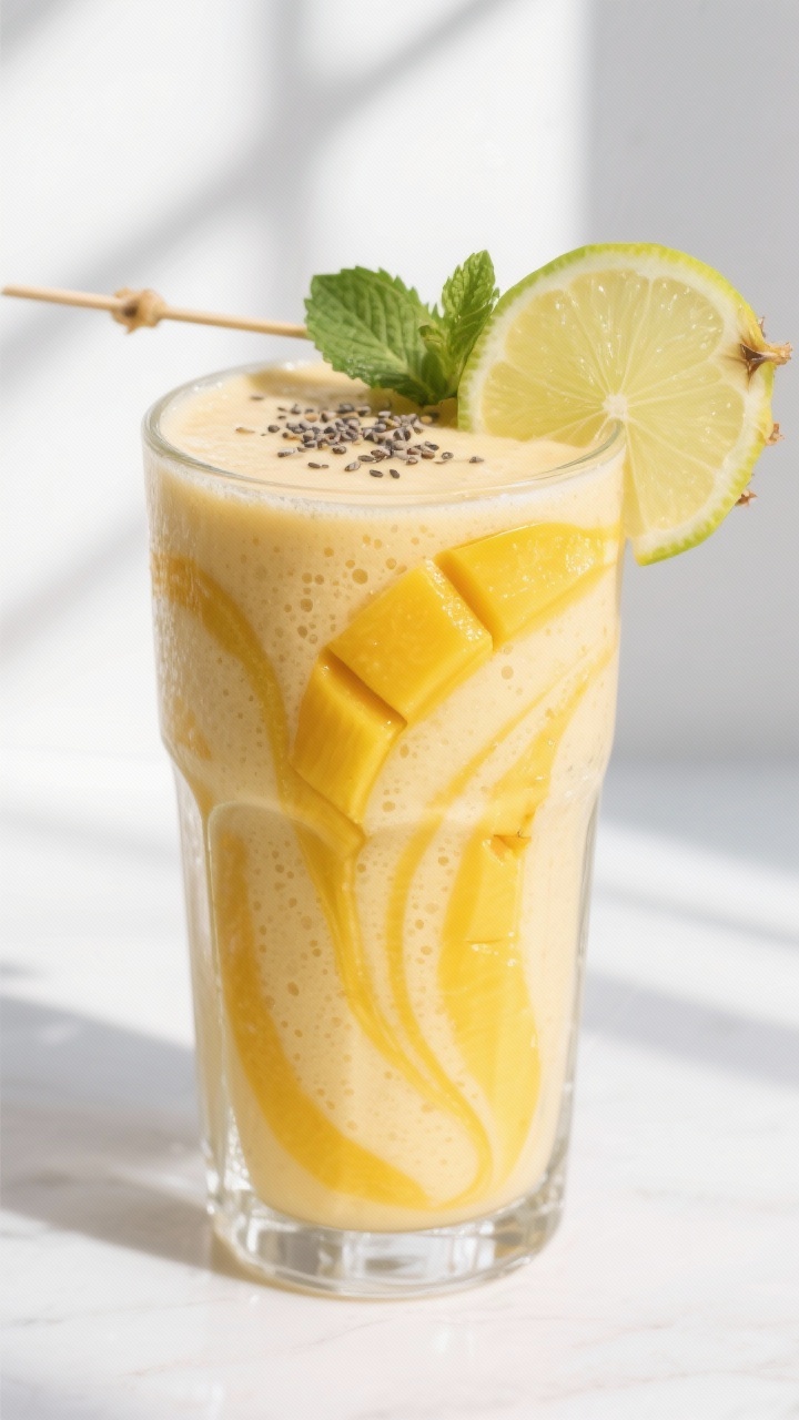 Close-up detail shot of the finished mango–pineapple swirl smoothie in a clear highball glass, sho