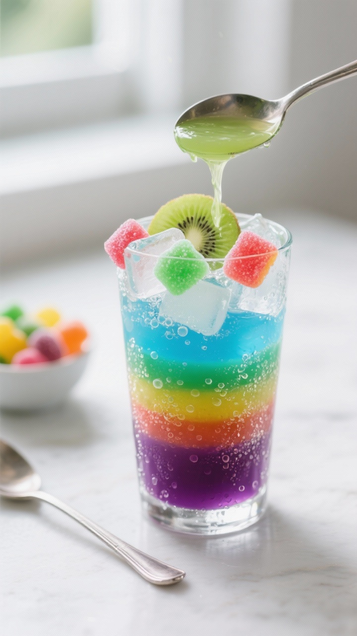 Close-up detail shot of the Rainbow Gummy Candy Cooler mid-build: ice-packed clear highball glass wi