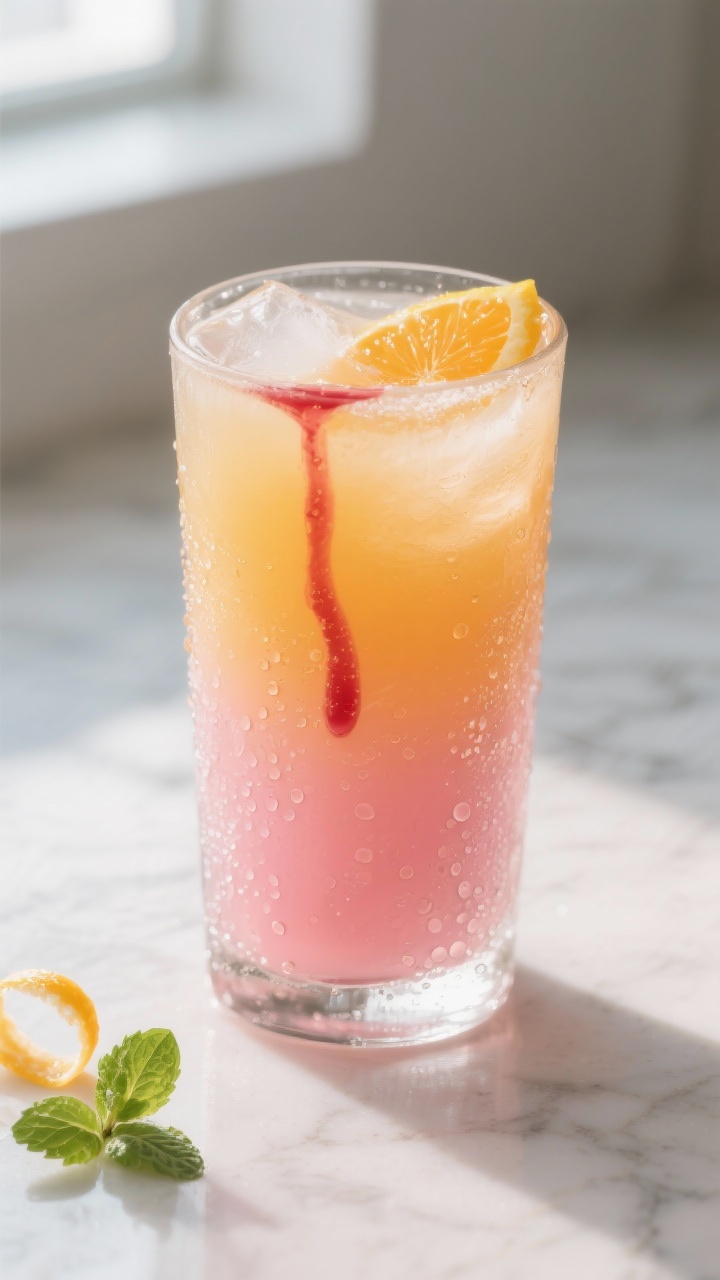 Close-up detail shot of the “sunrise” layer forming in a chilled highball glass: peach nectar ba
