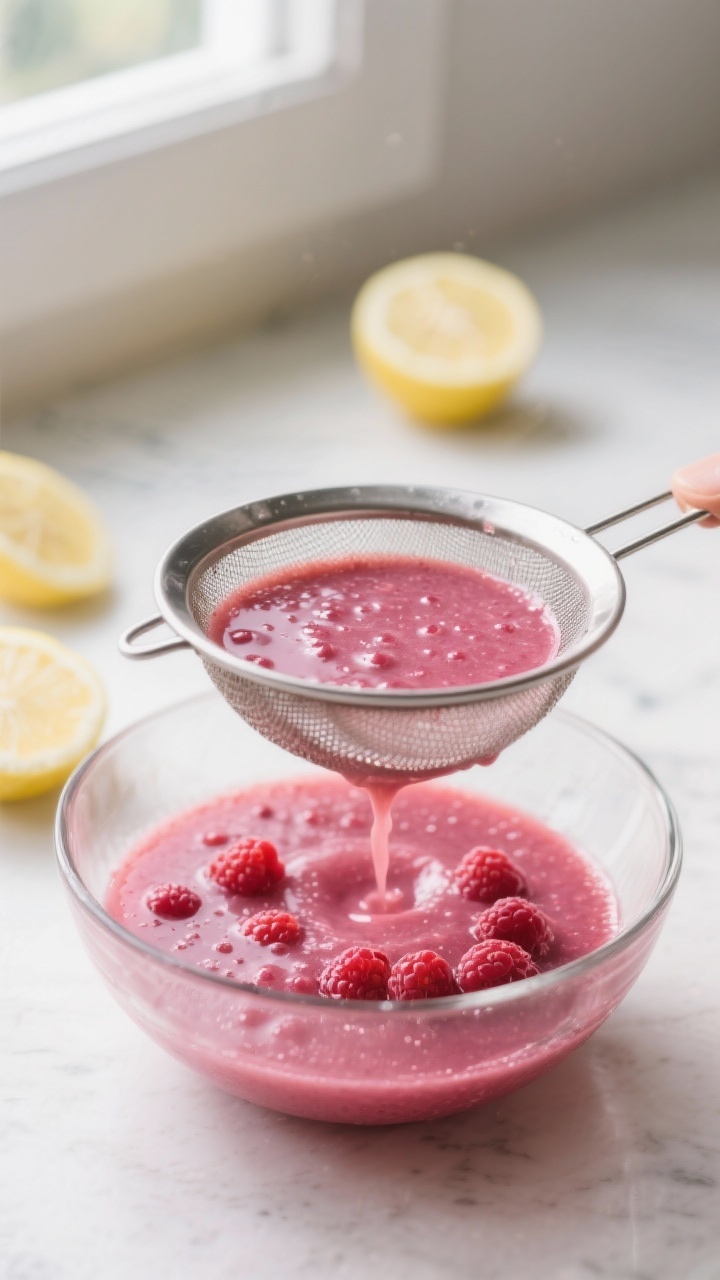 Close-up detail: Silky berry puree being strained through a fine-mesh sieve into a glass bowl, showi