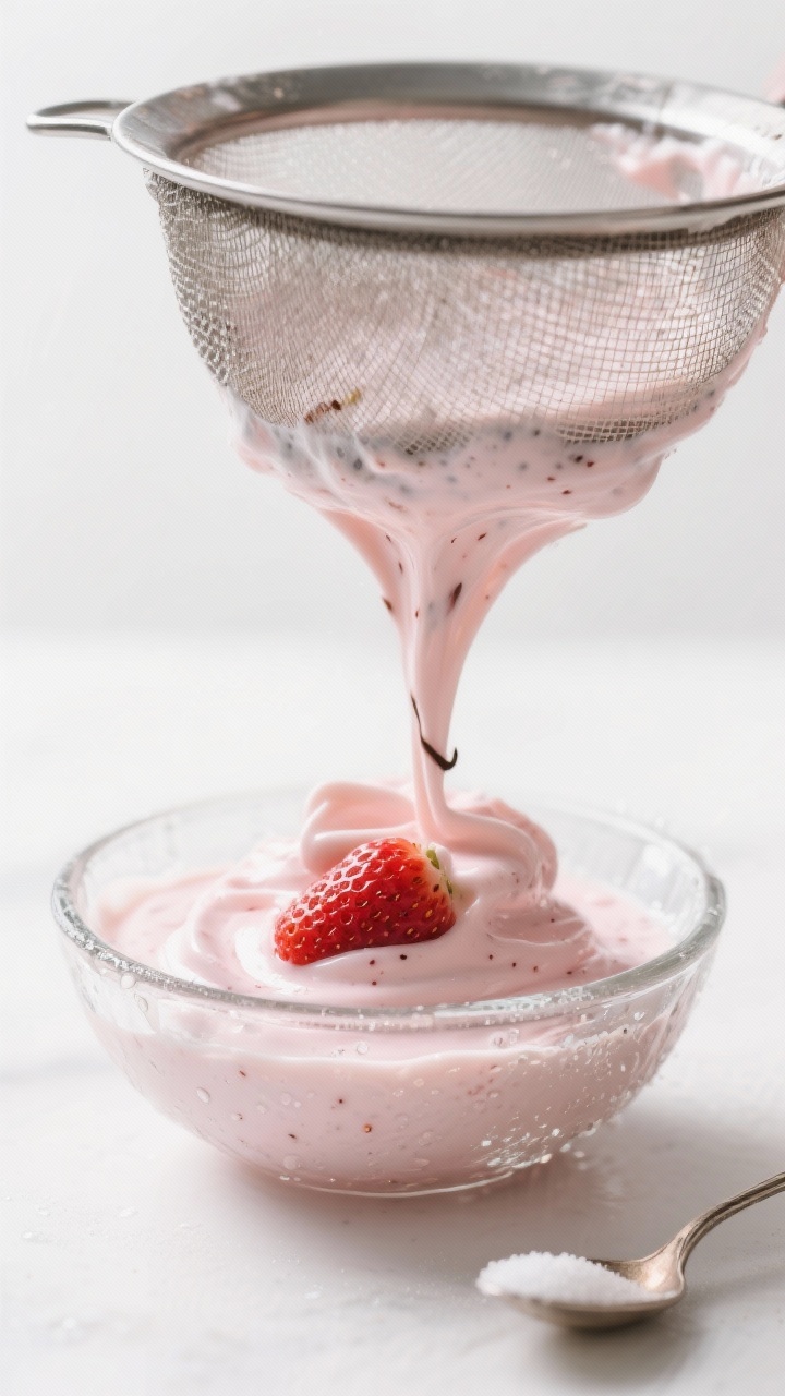 Close-up detail: Silky strawberry-cream base being strained through a fine-mesh sieve into a chilled