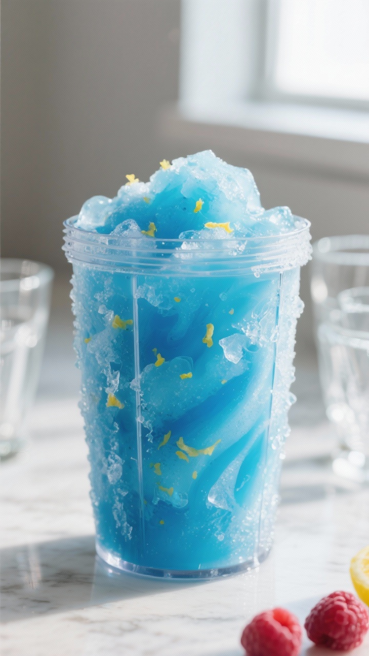 Close-up detail: Thick, frosty blue raspberry lemonade slush mid-blend in a clear blender jar, icy c