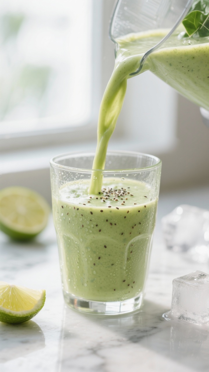 Close-up detail: Velvety avocado–spinach smoothie being poured from a blender into a chilled clear