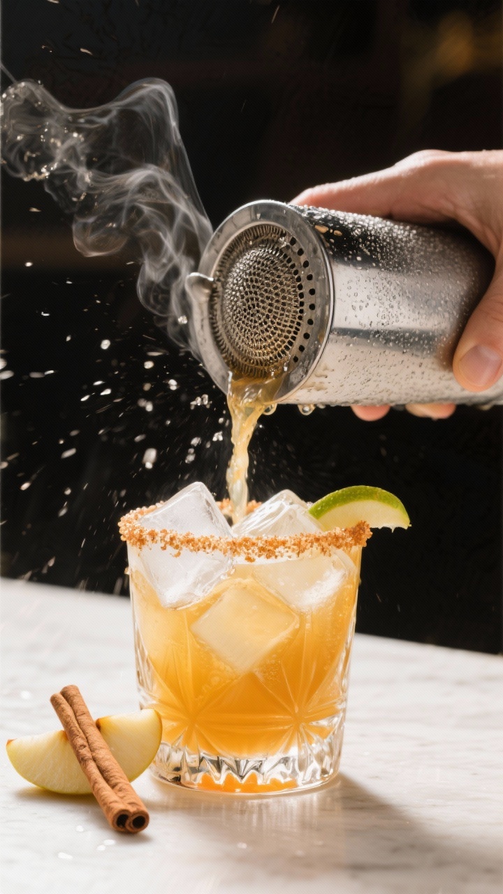 Cooking process action shot: Apple Cider Margarita being shaken—frosted metal cocktail shaker just