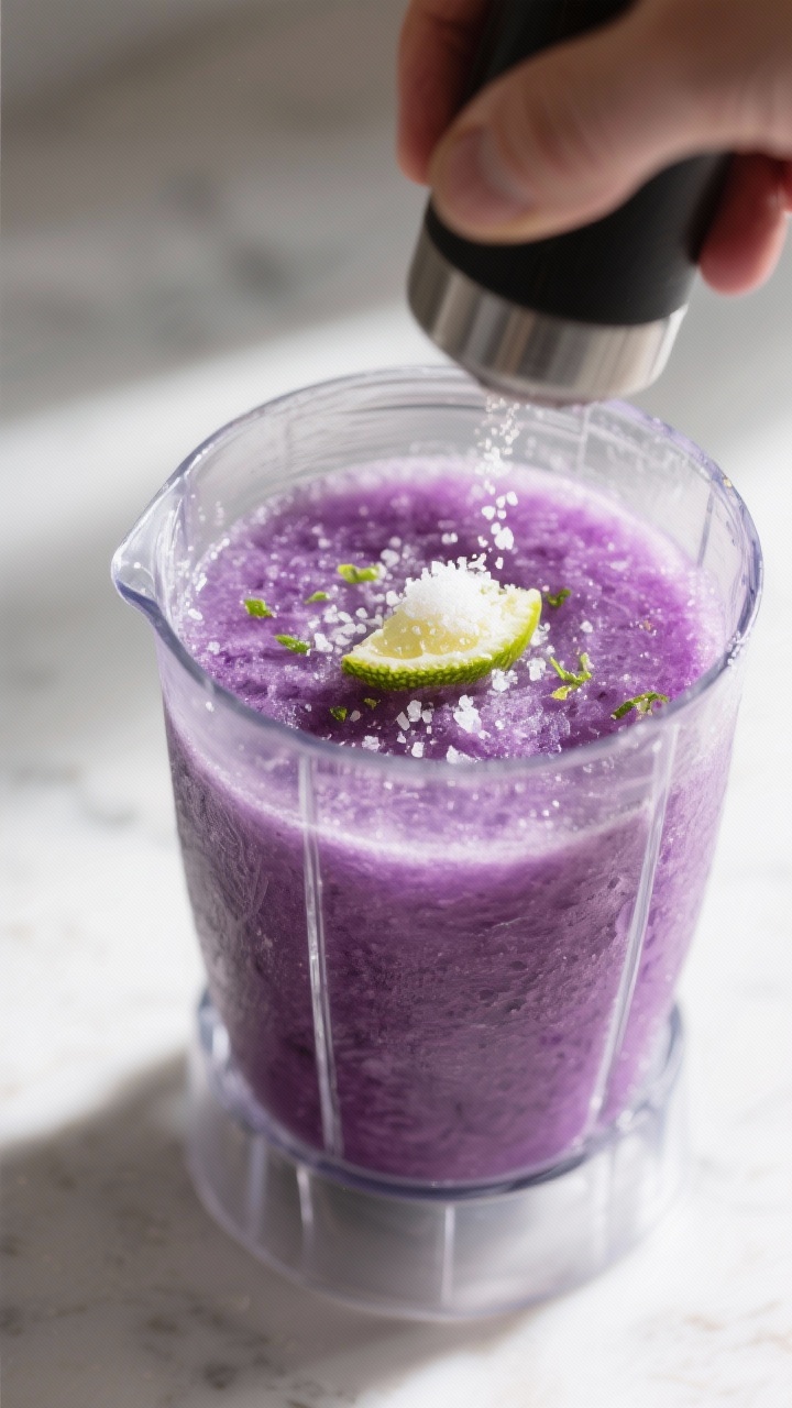 Cooking process: Action shot of the blending stage—ingredients already blended to a smooth, thick,