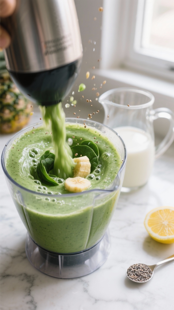 Cooking process – Blender action: A high-speed blender mid-blend swirling a vivid, silky green det