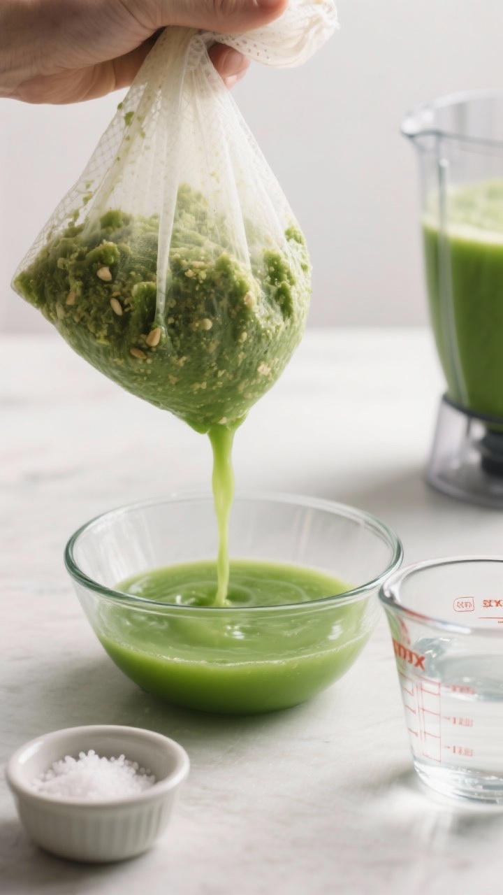 Cooking process: Blender method in action, silky green juice being strained through a nut milk bag i