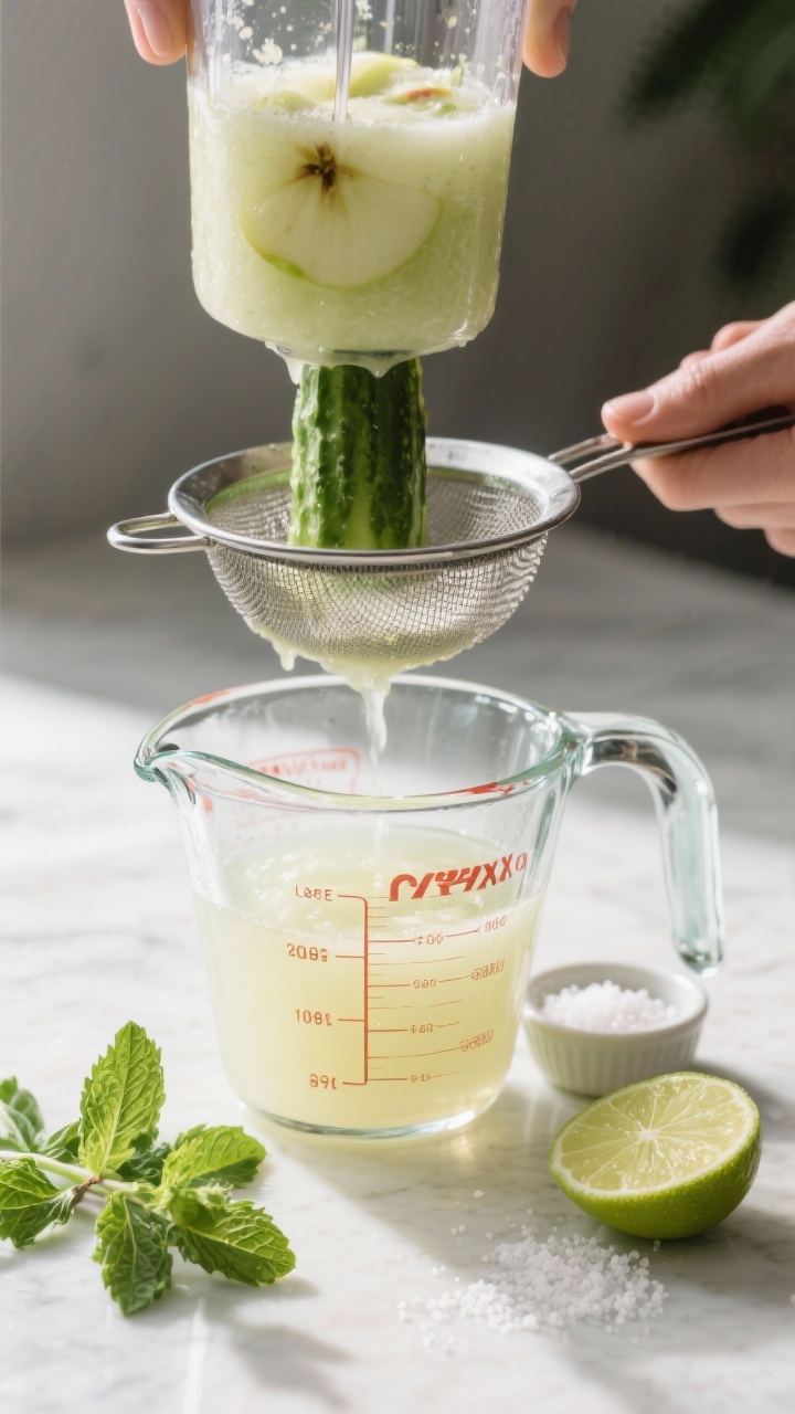 Cooking process: Blender method in action—smooth, fully blended apple-cucumber mixture being press