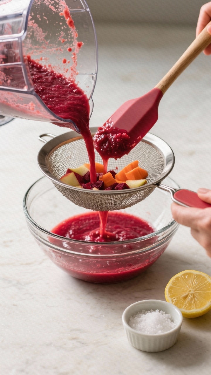 Cooking process: Blender method in action—thick, freshly blended beet-carrot-apple-ginger mixture 