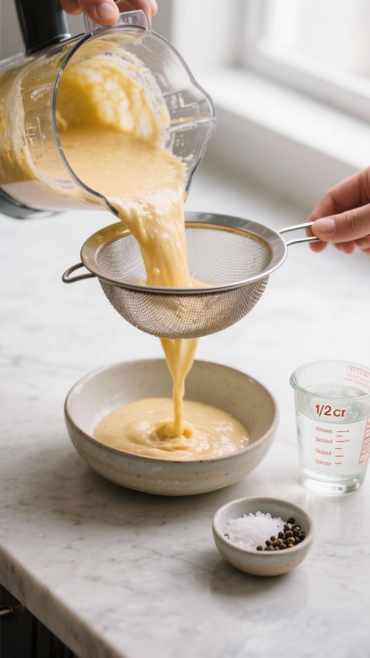 Cooking process: Blender method in progress showing the smooth, fully blended golden mixture being p