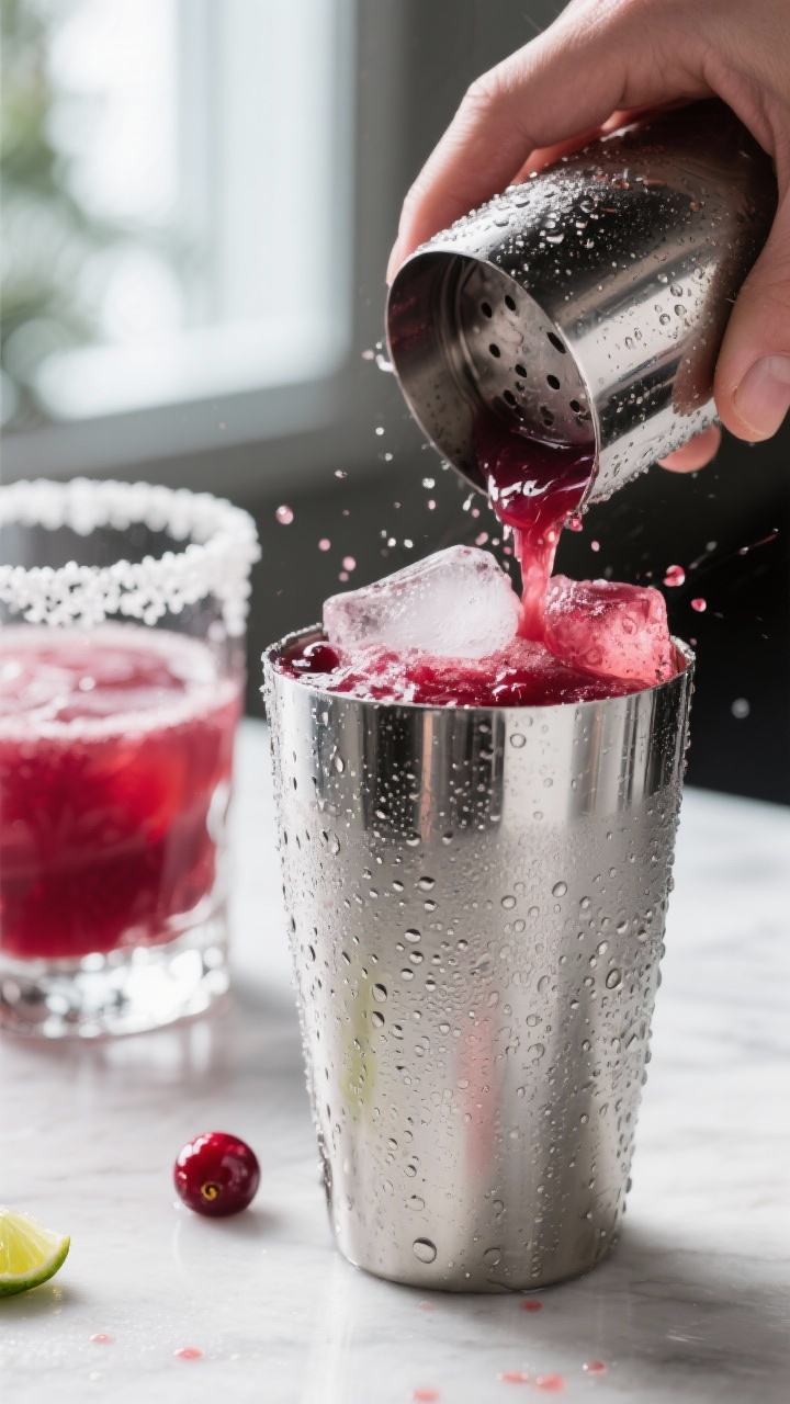 Cooking process close-up: A frosty stainless shaker mid-shake being cracked open, revealing a deep r