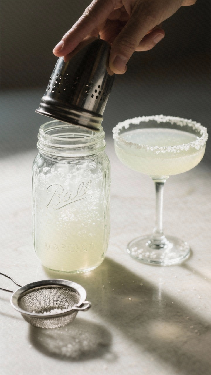 Cooking process: Mason jar used as a shaker mid-shake set down, exterior frosted, with the just-mixe