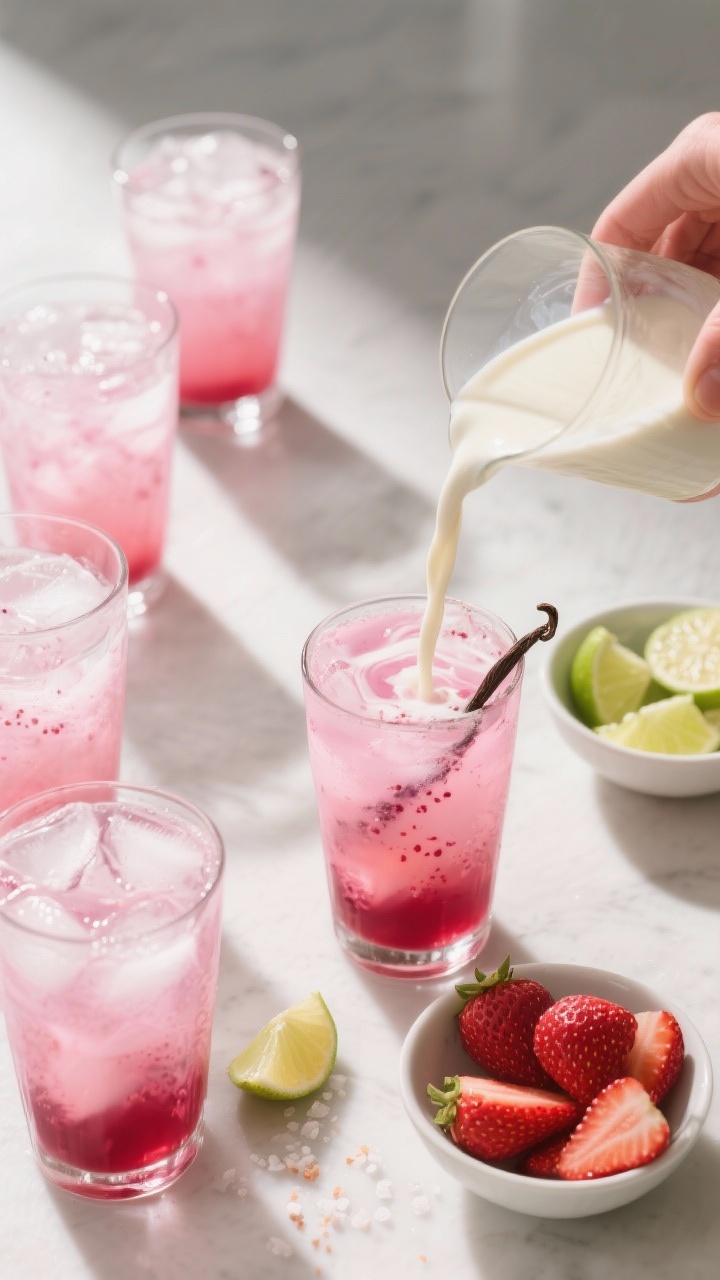 Cooking process: Overhead shot of assembling the Iced Pink Hibiscus Drink—ice-filled highball glas