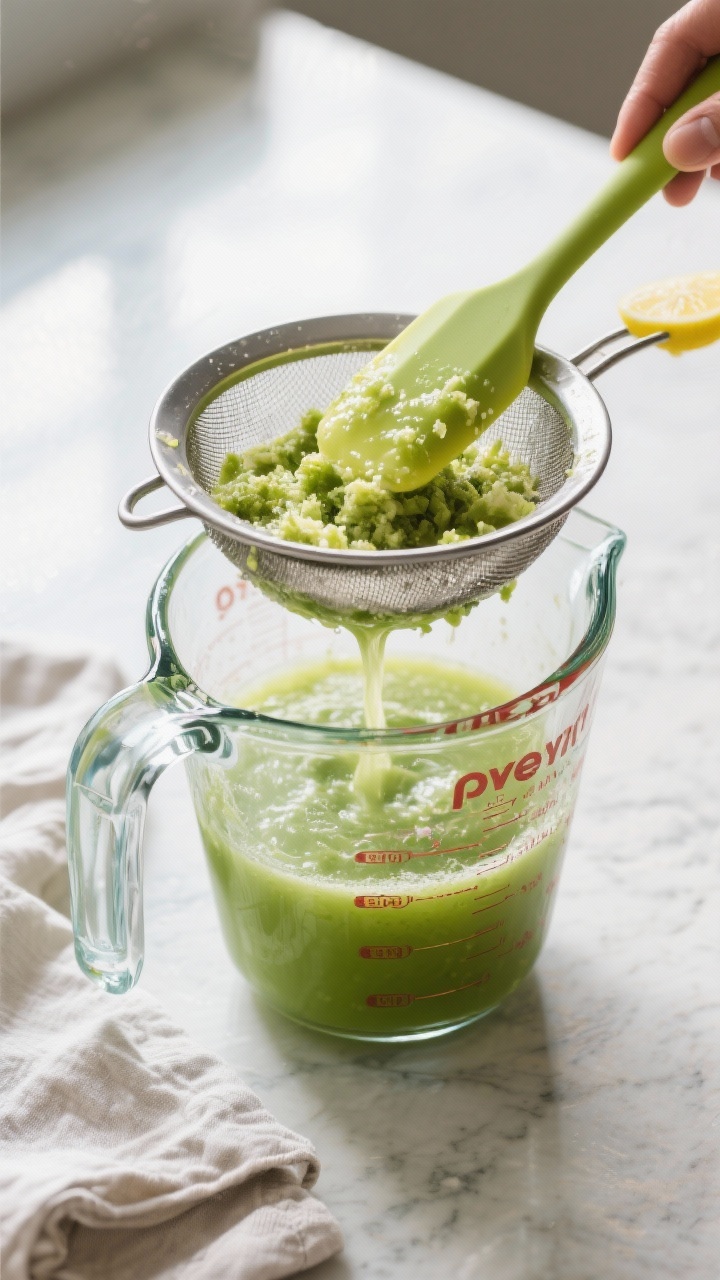 Cooking process: Overhead shot of the blended juice being strained through a fine-mesh sieve into a 