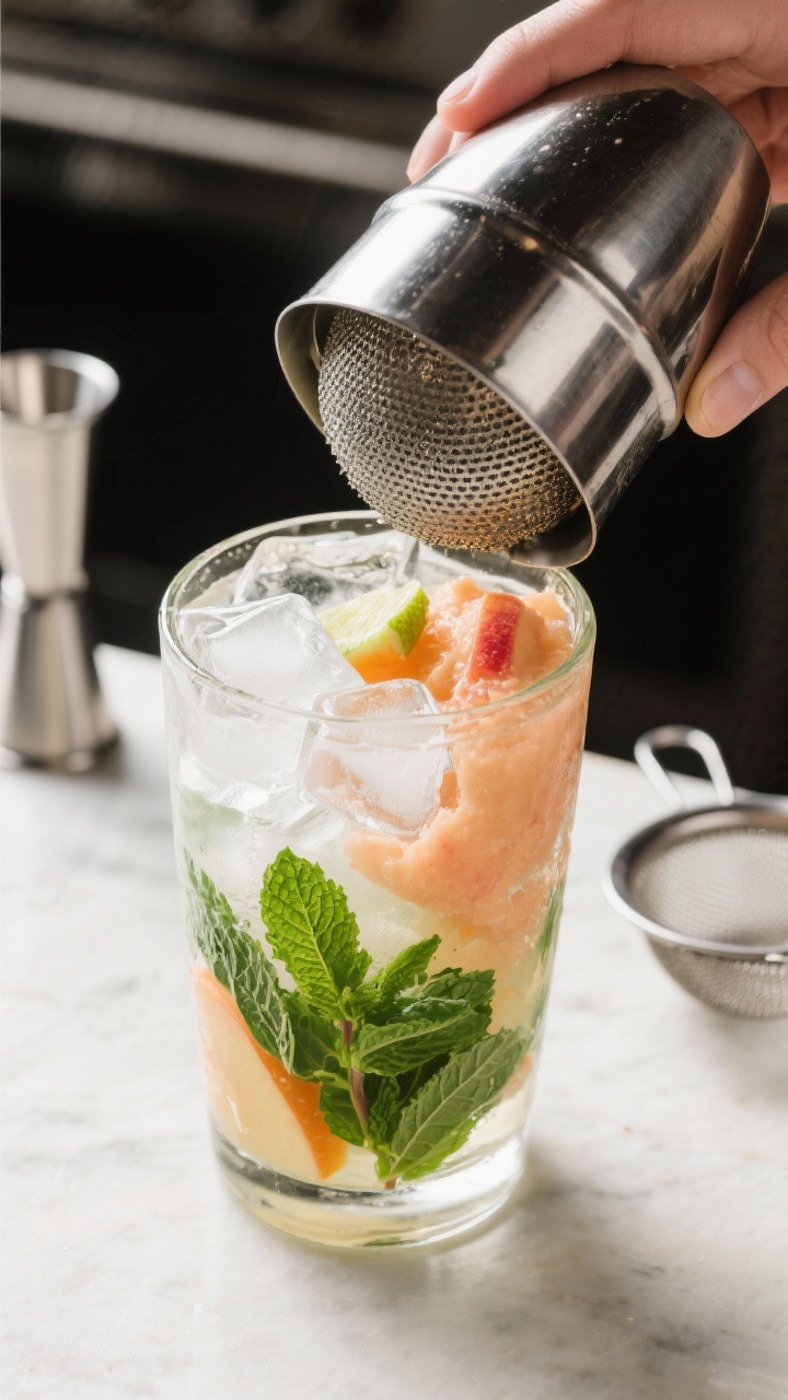 Cooking process: Overhead shot of the cocktail shaker stage—muddled mint gently pressed at the bot