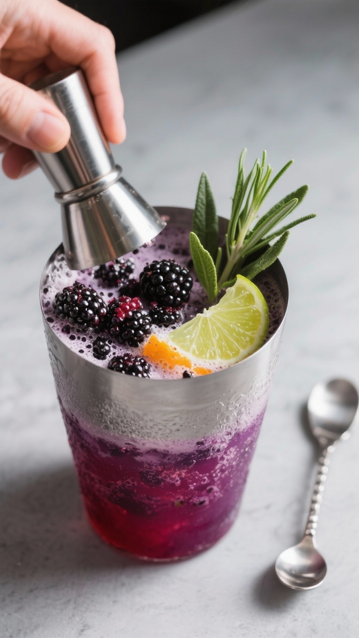 Cooking process: Overhead shot of the muddling stage in a stainless shaker—crushed, juicy blackber