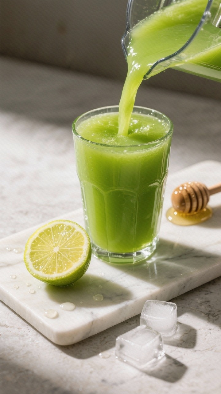 Cooking process: Overhead shot of the silky juice mid-pour from a blender into a tall glass, showing
