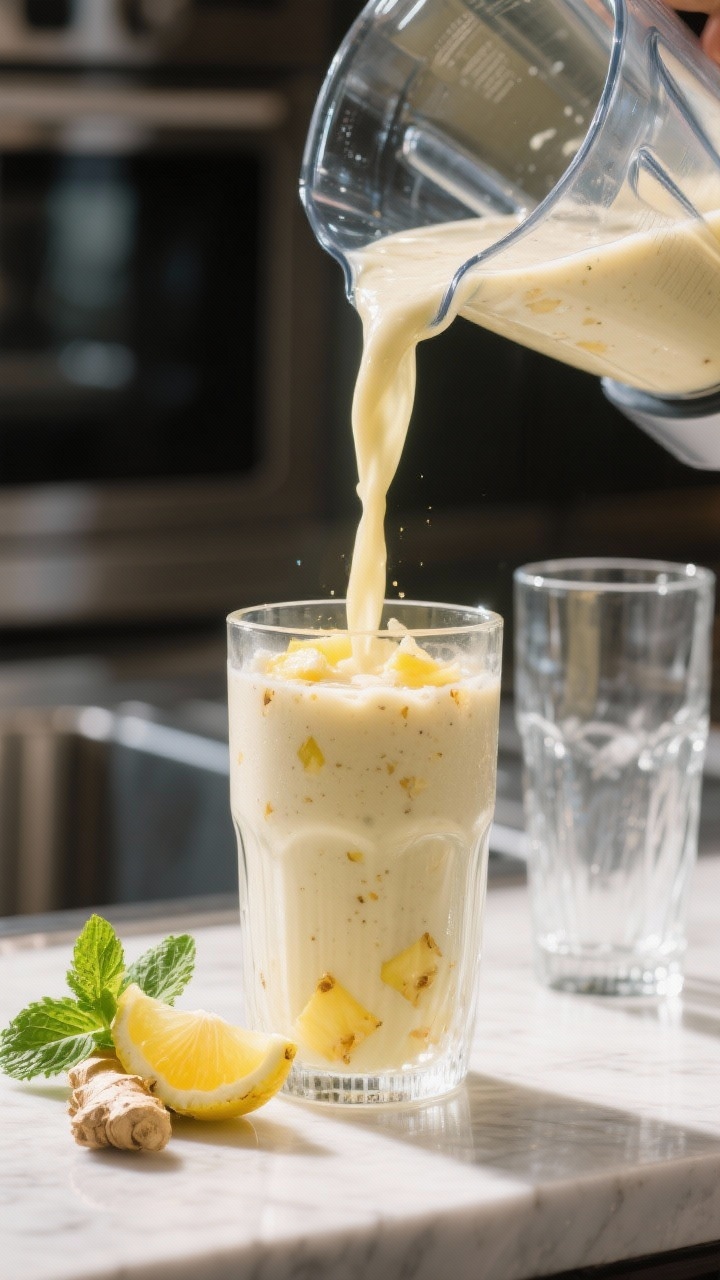 Cooking process: Smoothie being poured in a slow, glossy stream from a blender into a frosted highba
