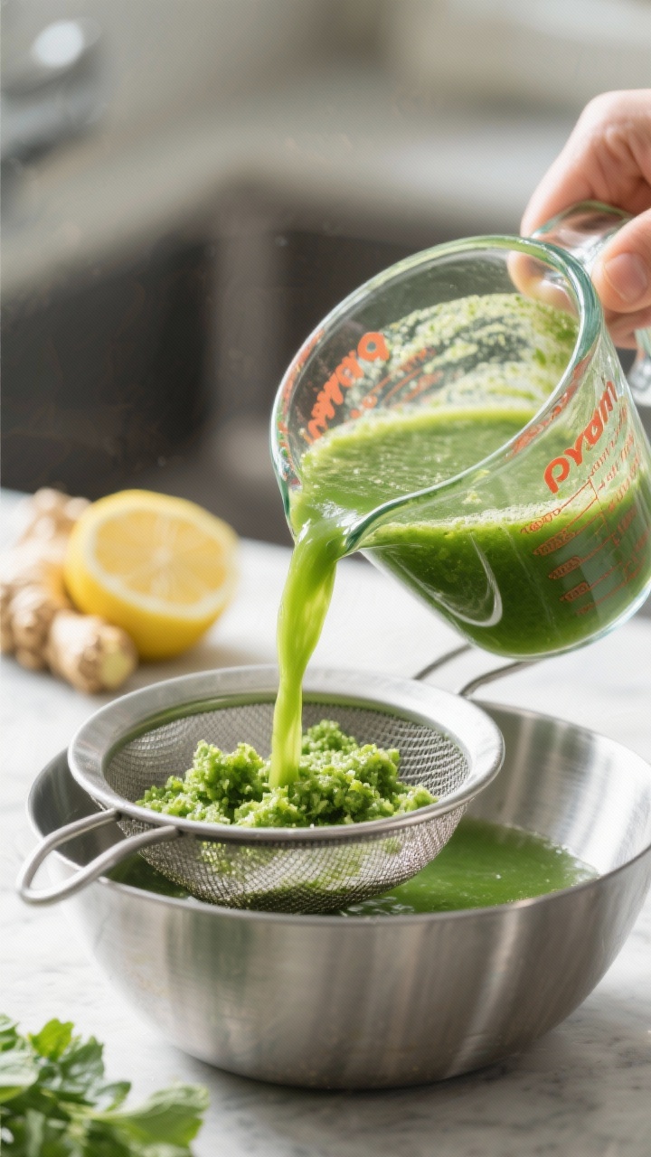 Cooking process: Straining the blended Green Glow Detox Juice through a fine mesh sieve into a clear