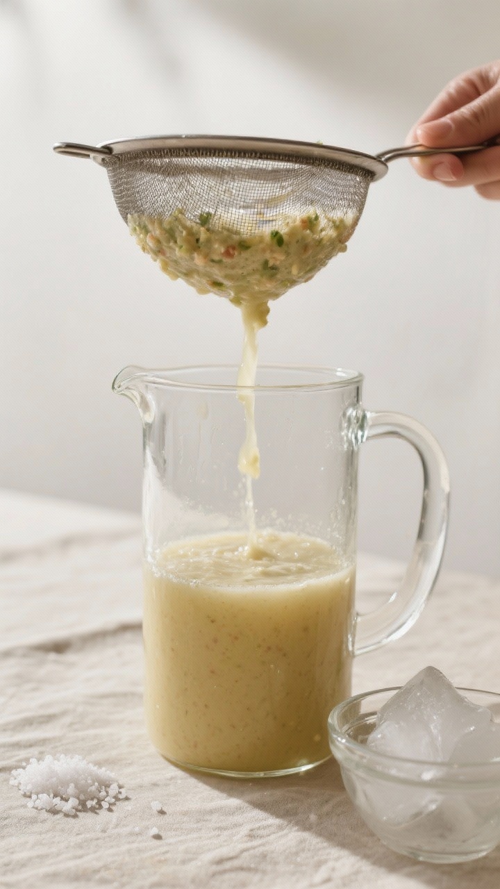 Cooking process: The blended base being strained through a fine mesh sieve into a clear glass pitche