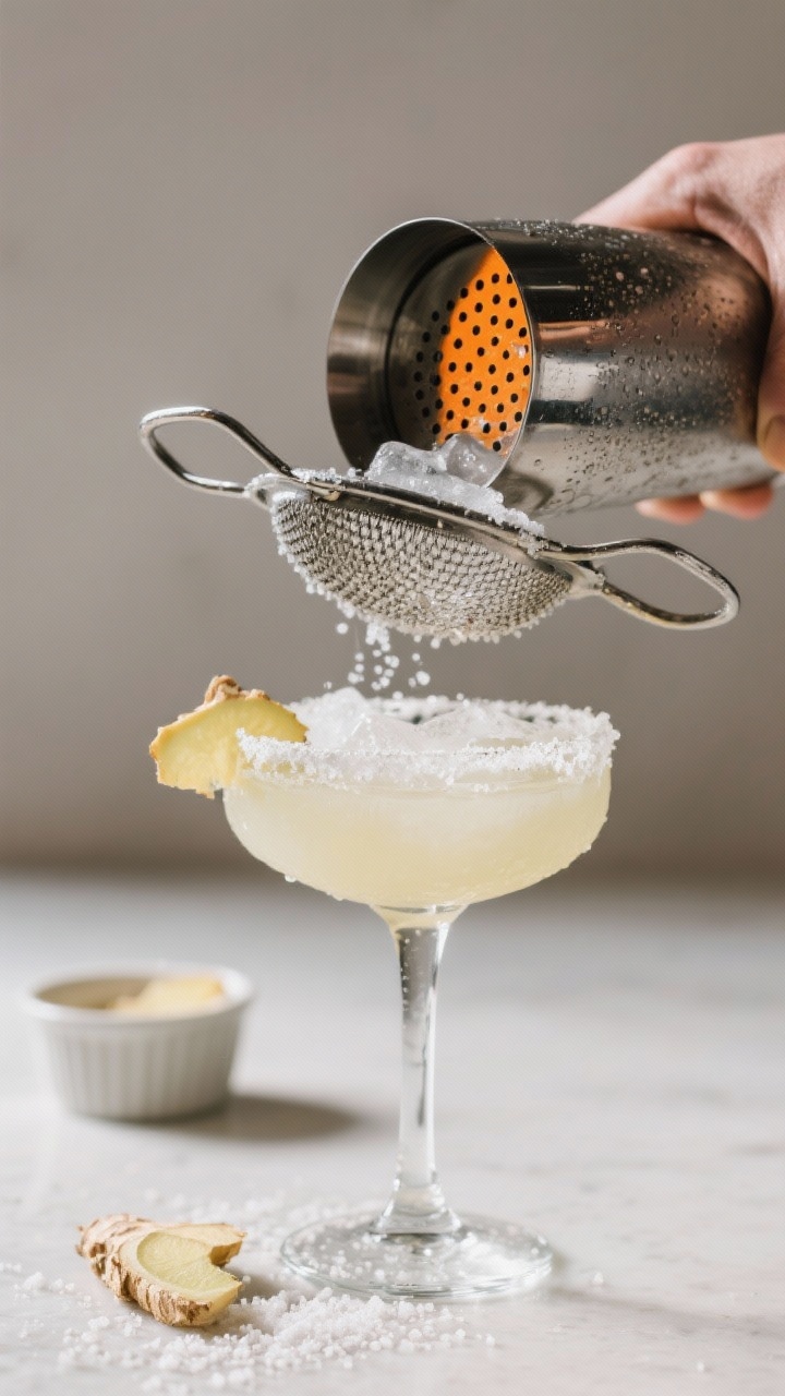 Cooking process: The margarita base mid-shake in a professional-style cocktail shaker filled with ic