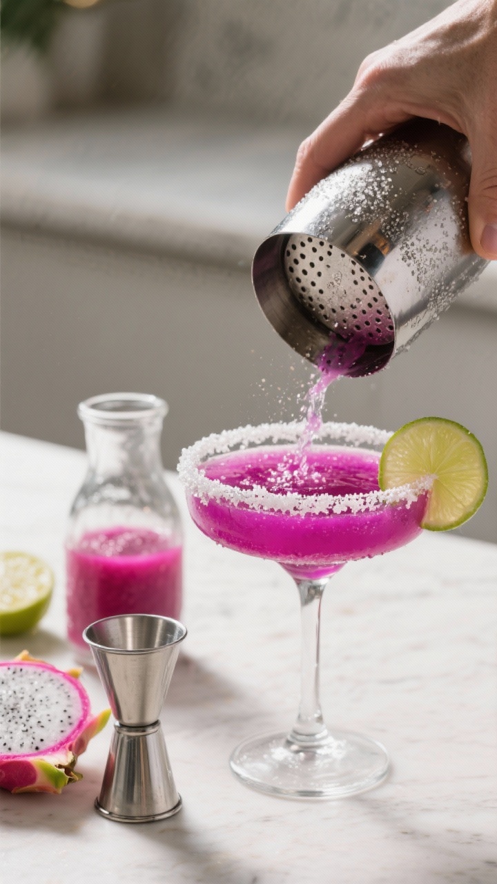 Cooking process: The margarita in mid-shake—cocktail shaker just opened with frost on the metal, r