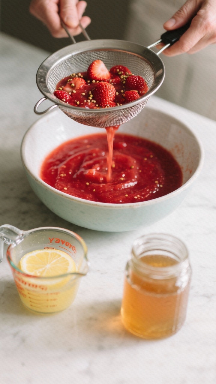 Cooking process: The prepared strawberry puree being strained through a fine-mesh sieve into a mixin