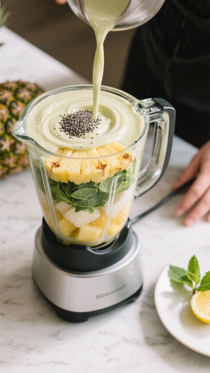 Cooking process: The smoothie mid-blend in a high-speed blender, liquids added first with greens and