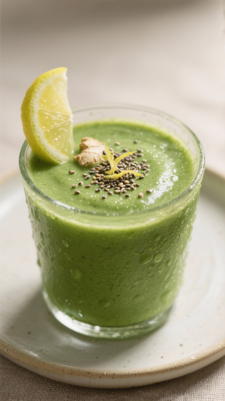 Final dish – Close-up detail: Close-up of a thick, glossy green smoothie poured into a clear, chil