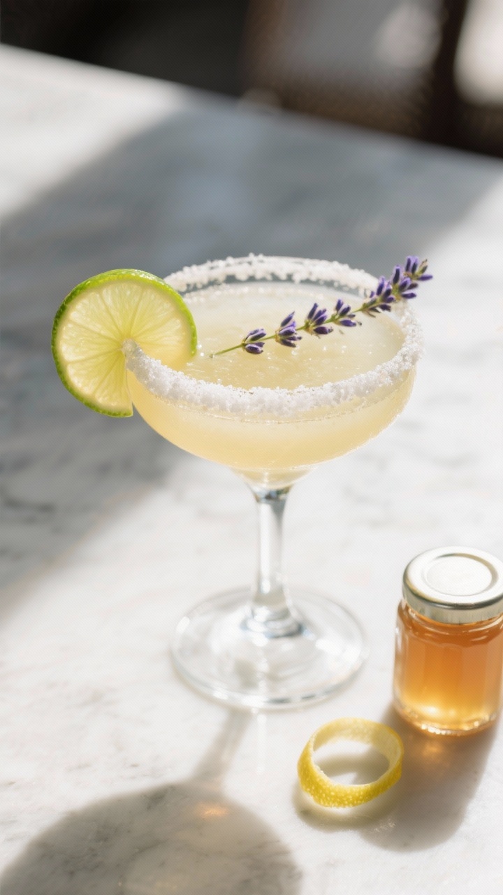 Final dish presentation: A beautifully plated Lavender Honey Margarita served in a coupe with a 50/5
