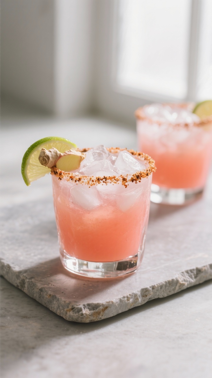 Final dish presentation: a finished Guava Ginger Margarita over clear, chunky ice in a heavy rocks g