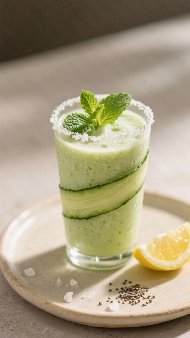Final dish presentation: a spa-like cucumber mint smoothie served in a tall glass, ultra-smooth and 