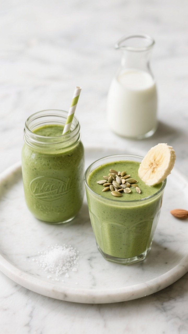 Final dish presentation: beautifully plated green protein smoothie set as a to-go setup—two glasse