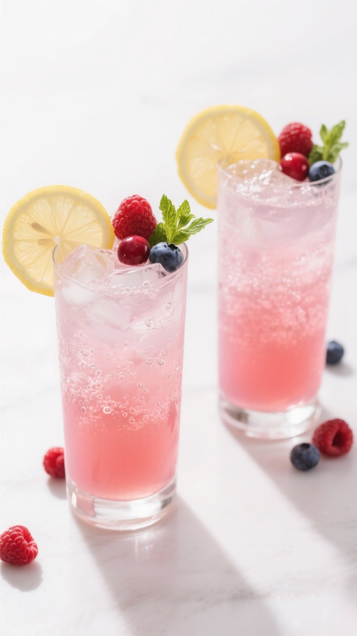 Final dish presentation: Beautifully poured Berry Lemon Coconut Pink Punch in tall clear glasses pac