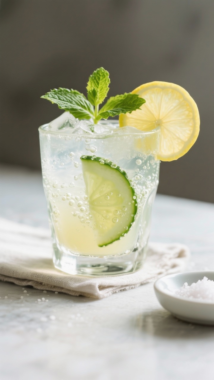 Final dish presentation: Beautifully served Lemon Mint Morning Cleanse Juice over ice in a clear roc