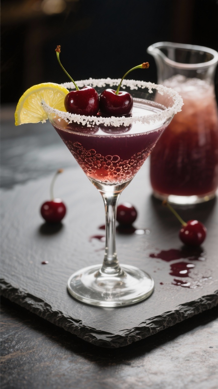 Final dish presentation: Elegant martini glass holding the Cherry Vodka Love Potion with a deeper to