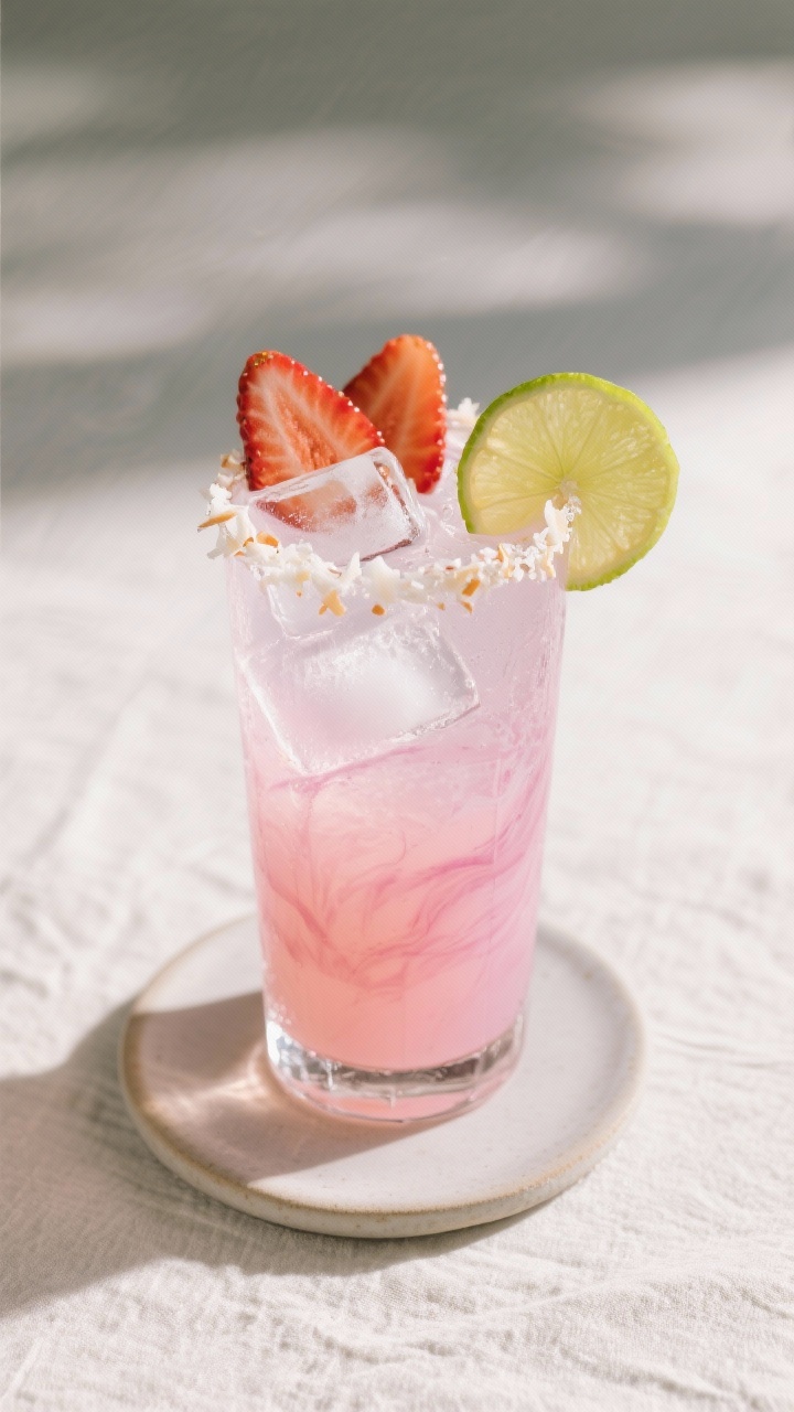 Final dish presentation: Restaurant-quality finished Iced Pink Hibiscus Drink in a clear tall glass,