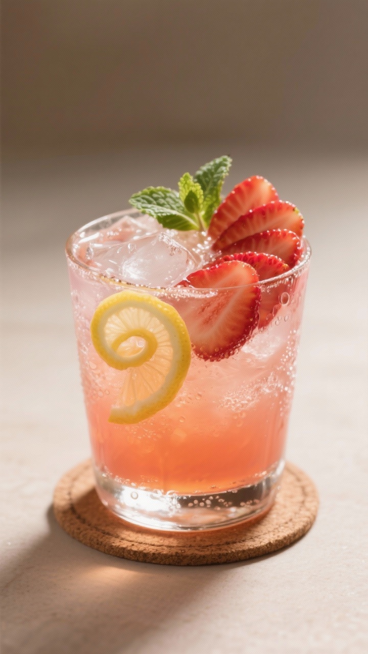 Final dish presentation: Restaurant-quality glass of strawberry sweet tea on a small coaster, close-