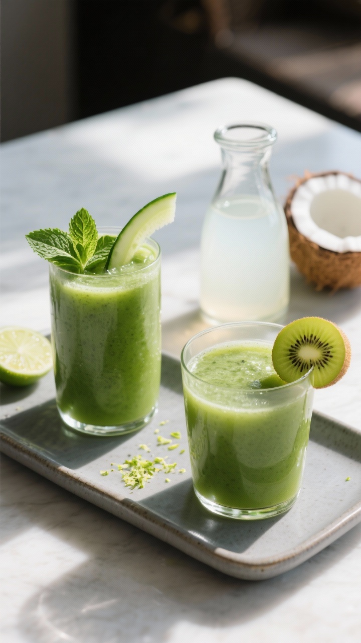 Final dish presentation: Restaurant-quality scene with two glasses of the finished Spinach Kiwi Vita