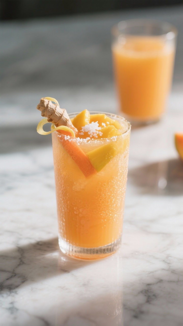 Final dish presentation: Restaurant-quality scene of chilled Carrot Mango Glowing Skin Juice in a ta