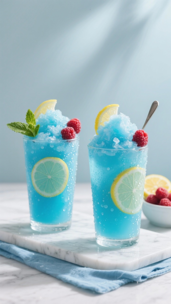 Final dish presentation: Two chilled highball glasses filled with vivid blue raspberry lemonade slus