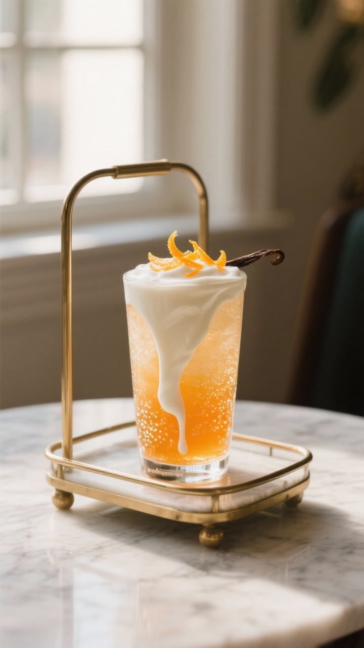 Final dish, styled variation: Bar-cart style presentation of an “extra creamy” version—float f
