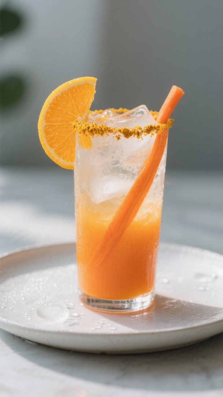 Final drink presentation: A tall chilled glass of Carrot Orange Immunity Juice over ice, vibrant car