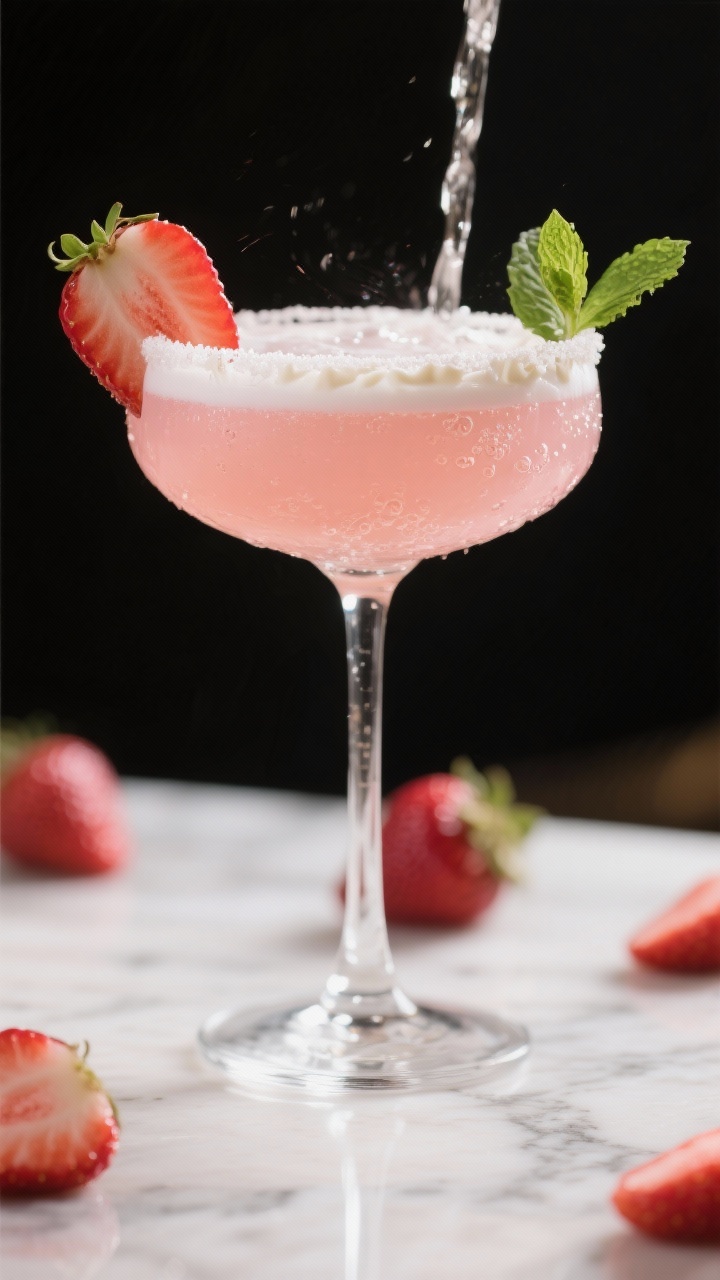 Final drink presentation: Strawberries & Cream Sparkling Cocktail in a chilled coupe, slow-poured Pr
