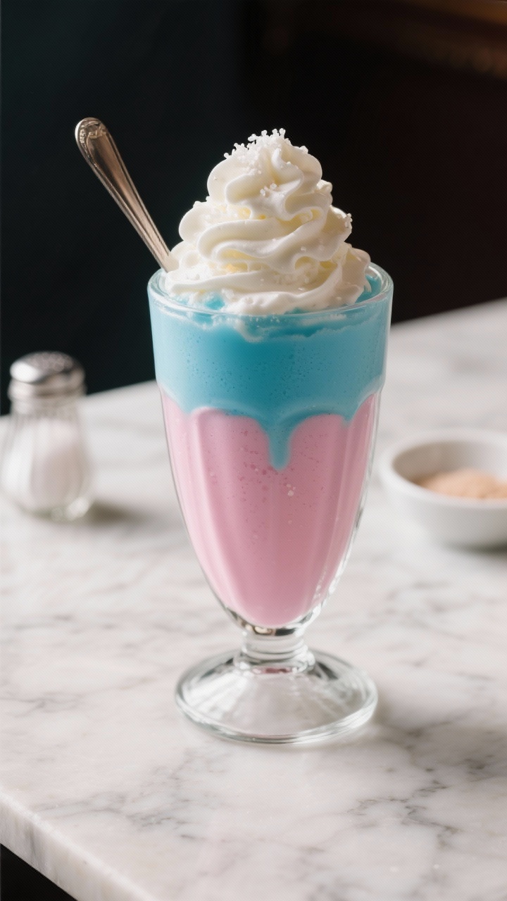 Final plated hero shot: a single ultra-thick, spoonable cotton candy milkshake in a vintage soda-fou