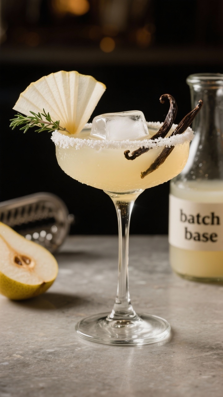 Final presentation beauty shot: Bar-quality Vanilla Pear Margarita with crystal-clear large ice cube