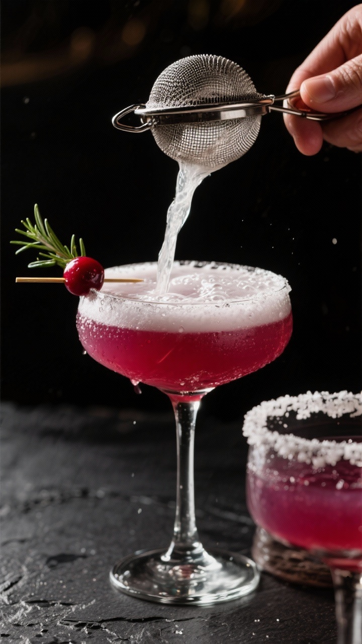 Final presentation close-up: Glamorous close-up of a coupe glass pour, the strained margarita stream